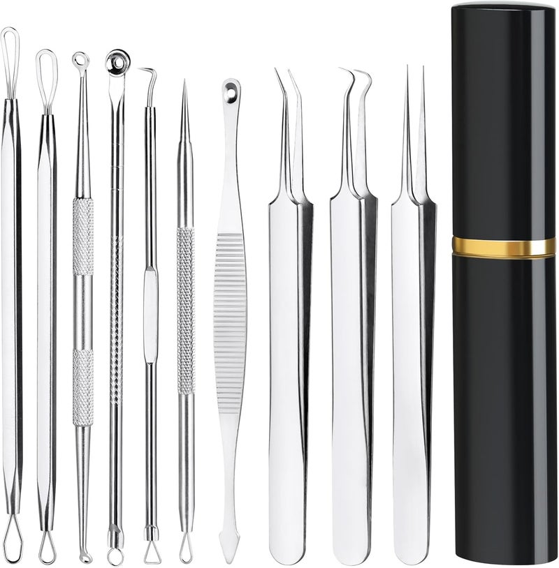 Baxrou Pimple Popper Tool Kit,10 Pcs Professional Blackhead Remover Comedones Extractor for Easy Removal for Pimples,Blackheads,Zit Removing, Facial and Nose, Acne Removal Kit with Metal Box (Silver) - Image 1